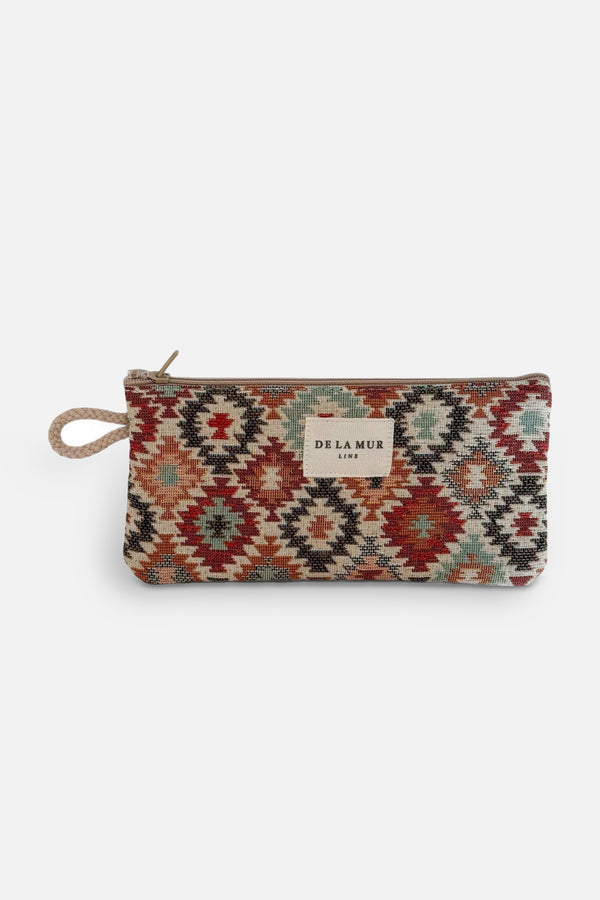 Bea coin purse, print in brown, red and beige, front view — De La Mur