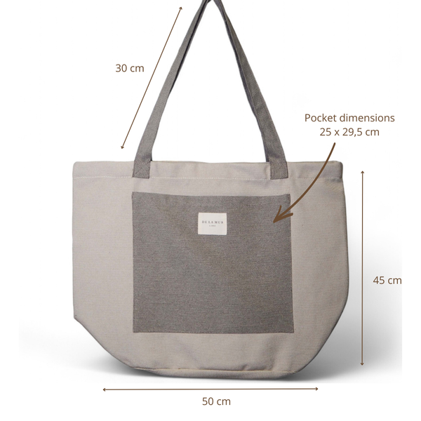 Bolsa de bolsillo Cairo, estampado en gris, beige, blanco, vista con medidas — De La Mur