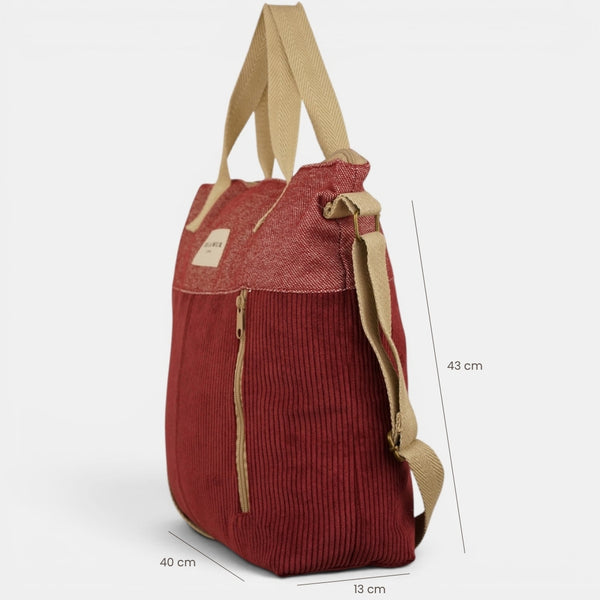 Bolso Arde, estampado en rojo, beige, gris, detalle del material y el acabado — De La Mur