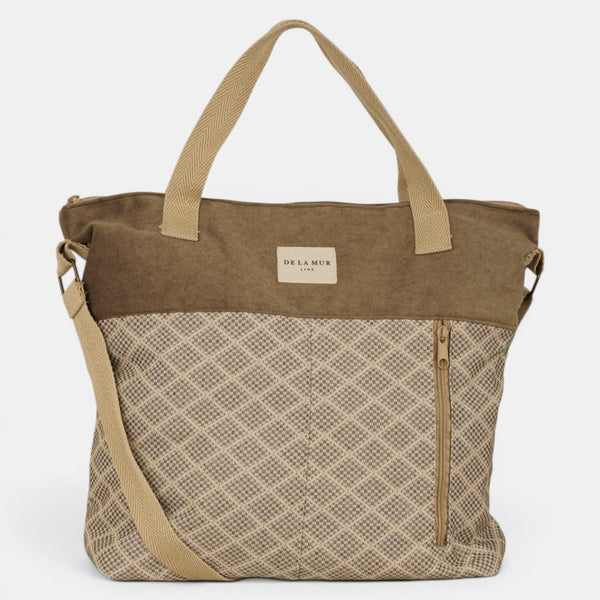 Bolso Pant, estampado en beige, negro, azul, detalle del material y el acabado — De La Mur