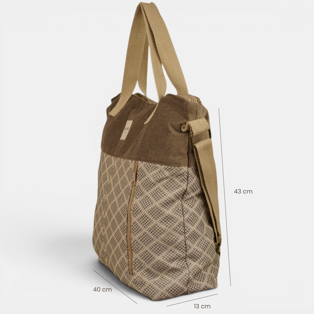 Bolso Pant, estampado en beige, negro, azul, detalle del producto — De La Mur