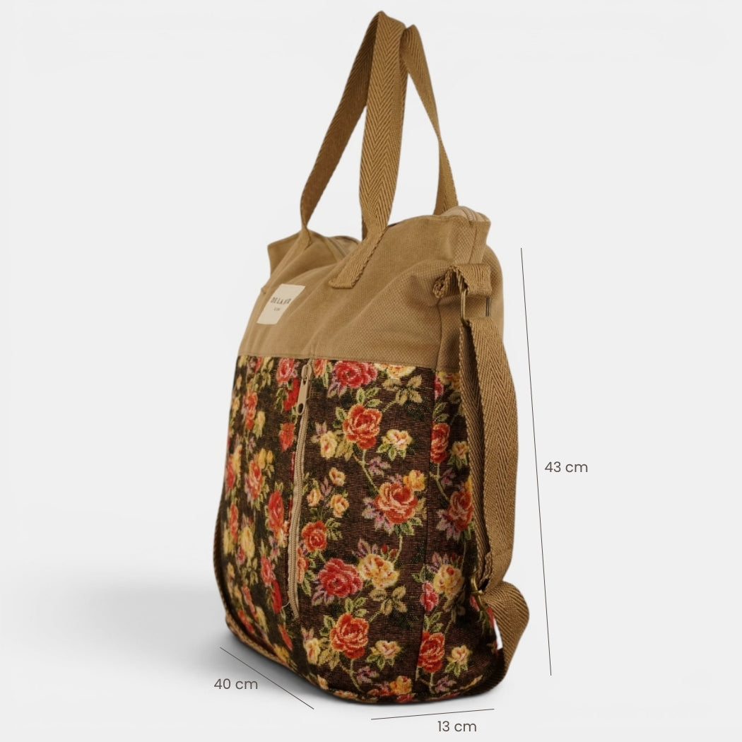 Bolso Pepi, estampado en naranja, terracota, negro, detalle del producto — De La Mur