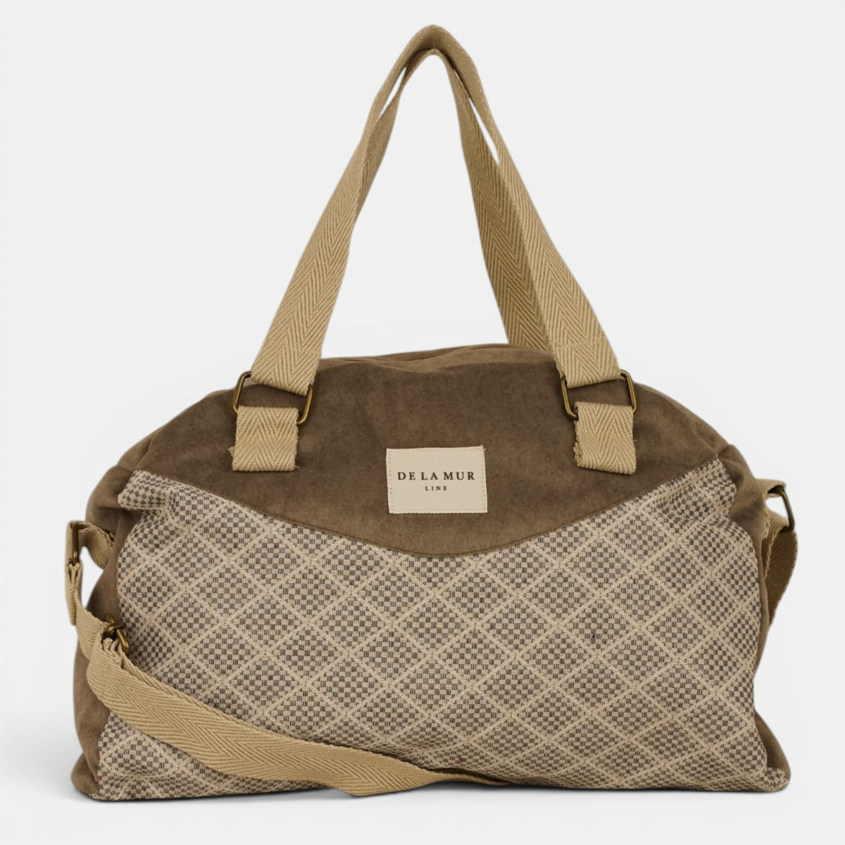 Bolso Pant, estampado en negro, beige, blanco, detalle del estampado y el material — De La Mur