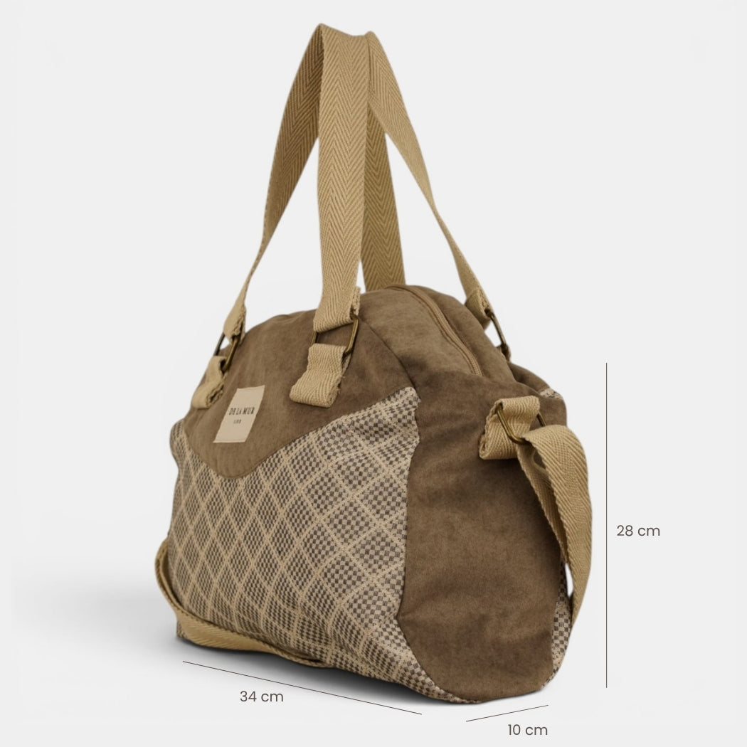 Bolso Pant, estampado en negro, beige, blanco, detalle del material y el acabado — De La Mur