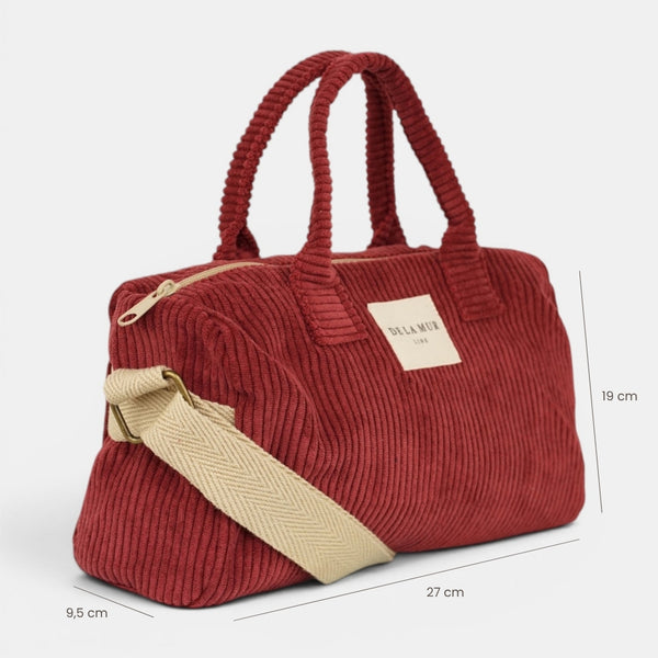 Bolso Arde, estampado en rojo, beige, blanco, detalle del material y el acabado — De La Mur