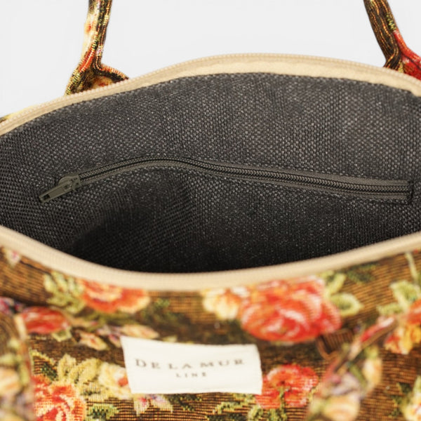 Bolso Pepi, estampado en naranja, negro, beige, detalle del producto — De La Mur