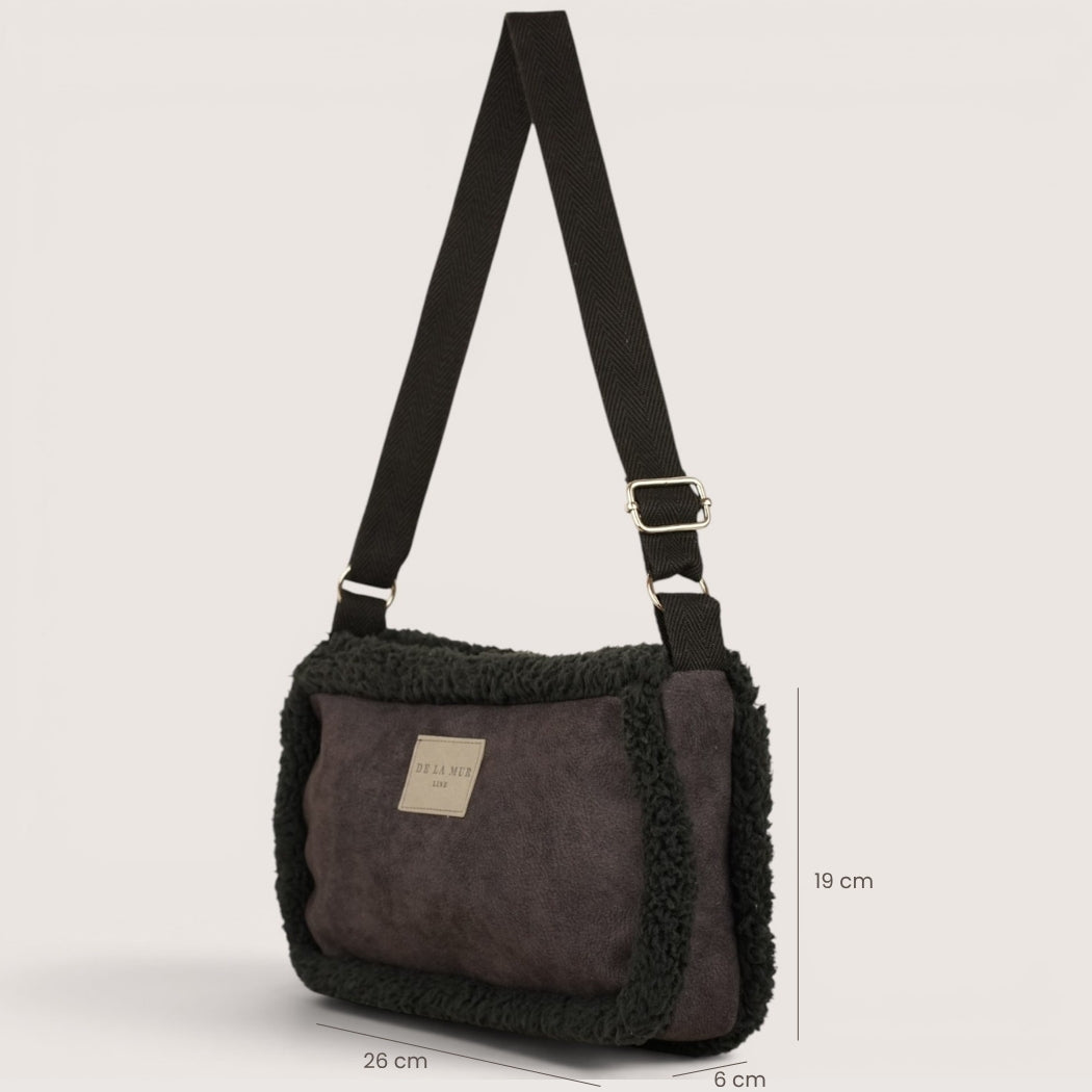 Bolso Cene, estampado en negro, gris, blanco, detalle del producto — De La Mur