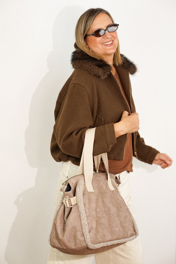 Bolso Noce, estampado en naranja, beige, terracota, vista frontal — De La Mur
