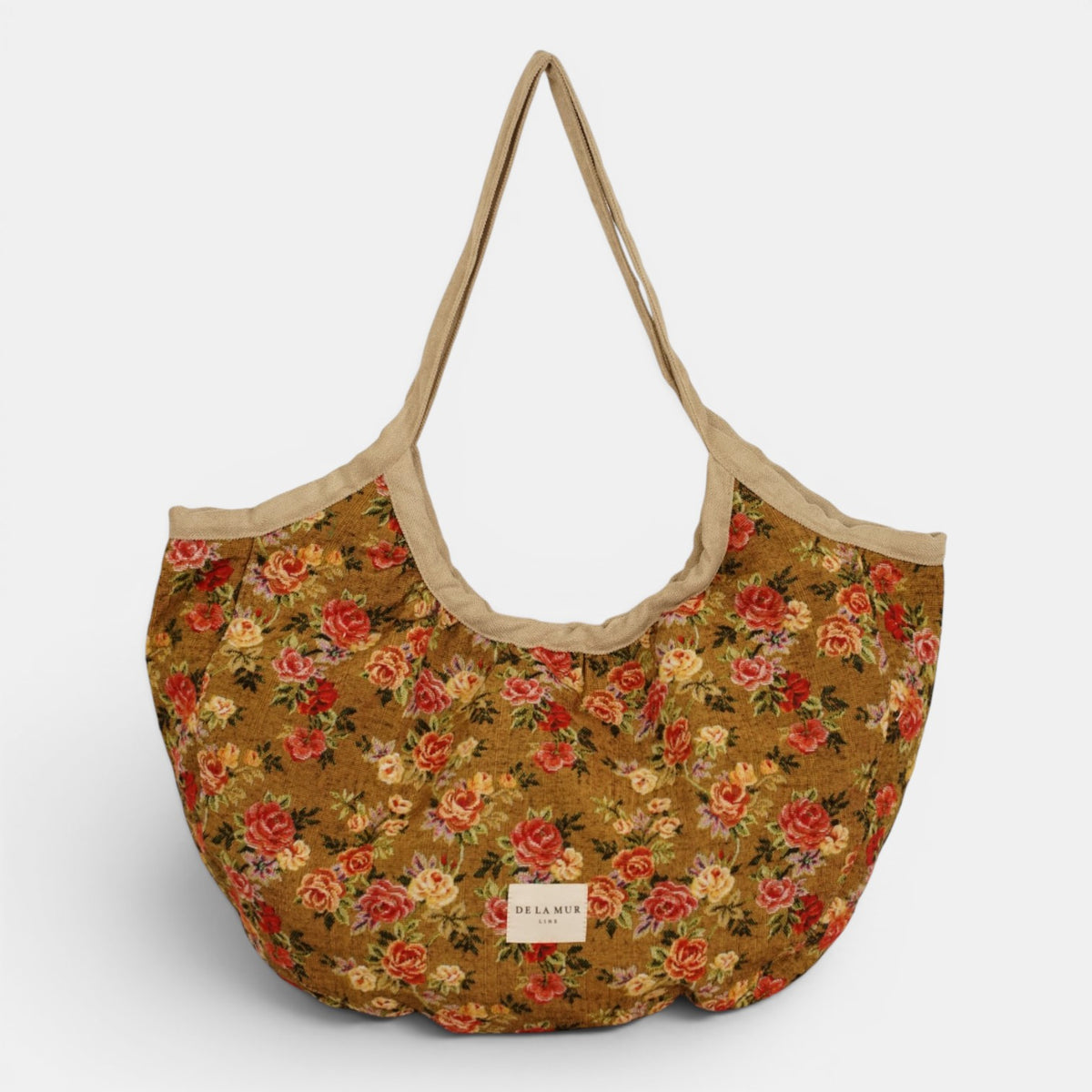 Bolso Esme, estampado en blanco, azul, terracota, detalle del estampado y el material — De La Mur