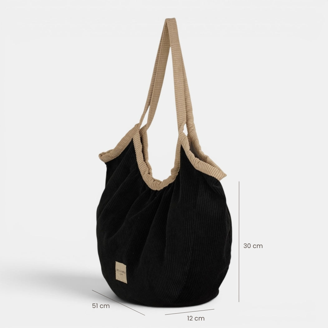 Bolso Nit, estampado en negro, beige, gris, detalle del material y el acabado — De La Mur