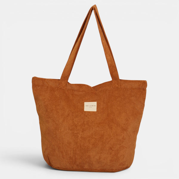 Bolsa grande con cremallera Barro, estampado en blanco, beige, terracota, detalle del estampado y el material — De La Mur