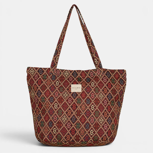Bolsa grande con cremallera Chic, estampado en negro, blanco, rojo, detalle del estampado y el material — De La Mur