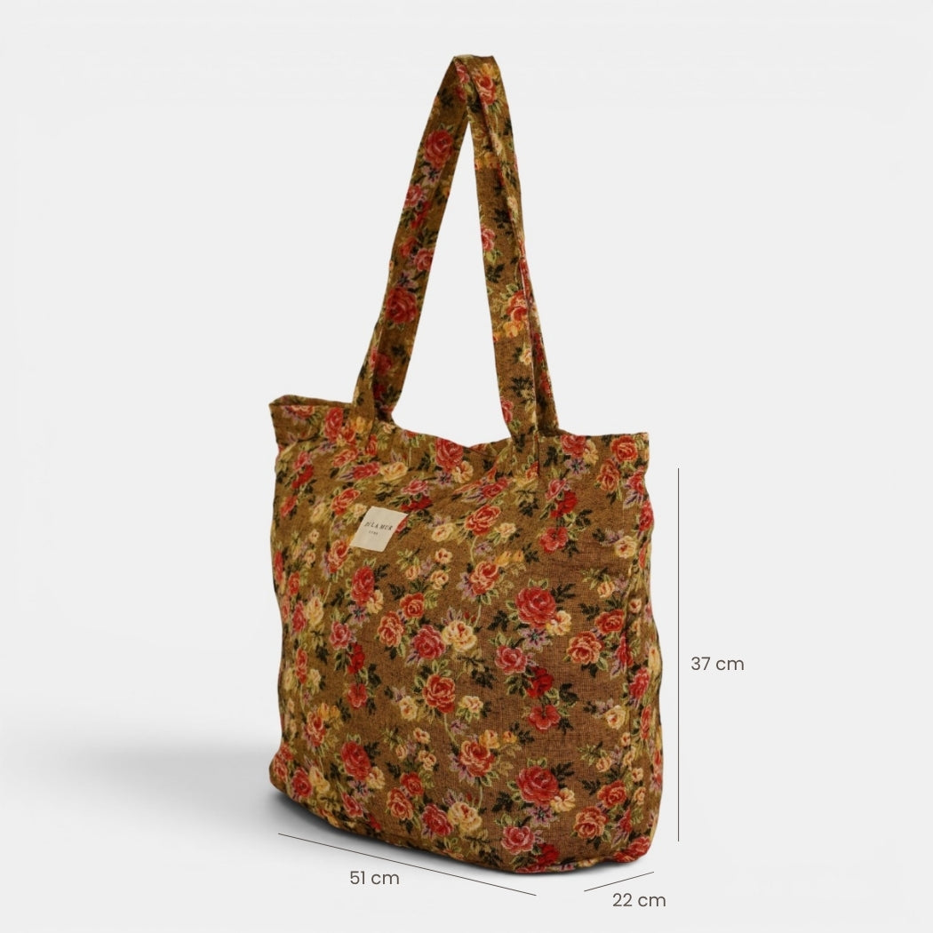 Bolsa grande con cremallera Esme, estampado en beige, naranja, terracota, detalle del material y el acabado — De La Mur