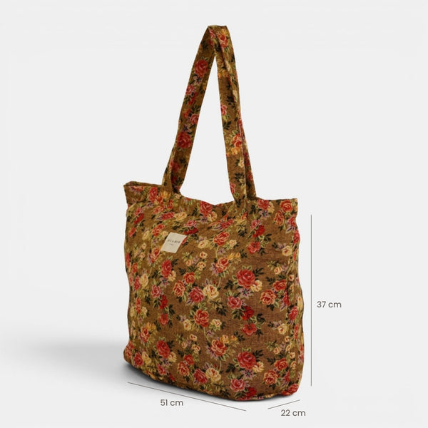 Bolsa grande con cremallera Esme, estampado en beige, naranja, terracota, detalle del material y el acabado — De La Mur