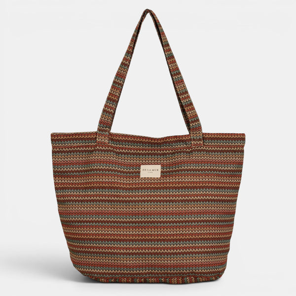 Bolsa grande con cremallera Fron, estampado en blanco, beige, marrón, detalle del estampado y el material — De La Mur