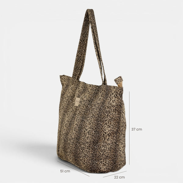 Bolsa grande con cremallera Leo, estampado en negro, beige, marrón, detalle del material y el acabado — De La Mur