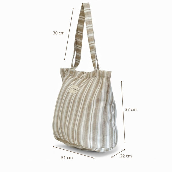 Bolsa grande con cremallera Malik, estampado en beige, marrón, blanco, vista con medidas — De La Mur