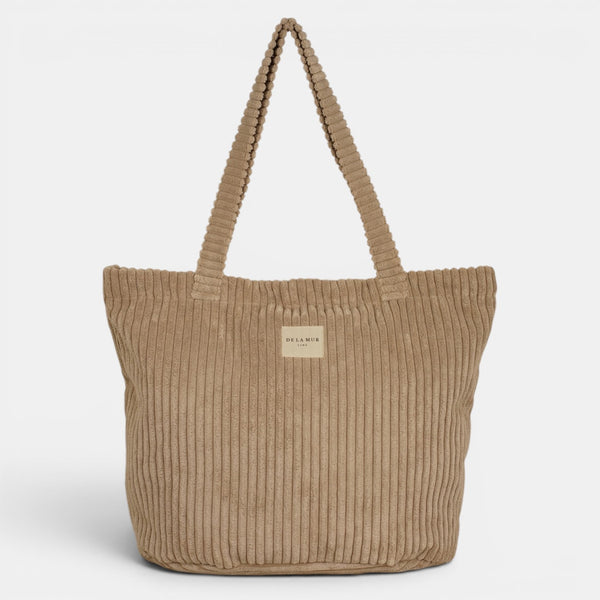 Bolsa grande con cremallera Moka, estampado en beige, negro, naranja, detalle del estampado y el material — De La Mur