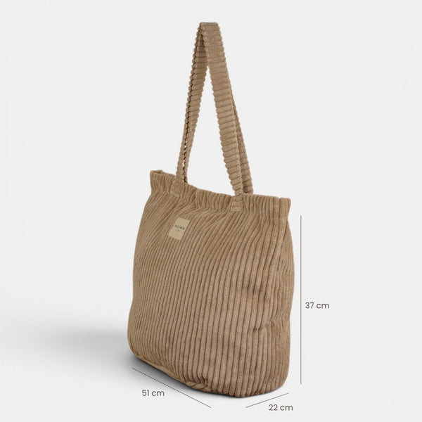 Bolsa grande con cremallera Moka, estampado en beige, negro, naranja, detalle del material y el acabado — De La Mur