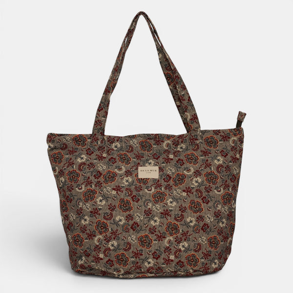 Bolsa grande con cremallera Nira, estampado en beige, azul, negro, detalle del estampado y el material — De La Mur