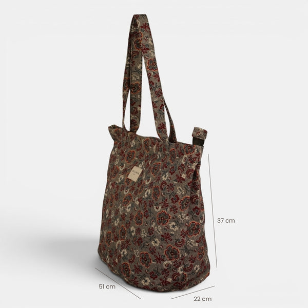Bolsa grande con cremallera Nira, estampado en beige, azul, negro, detalle del material y el acabado — De La Mur