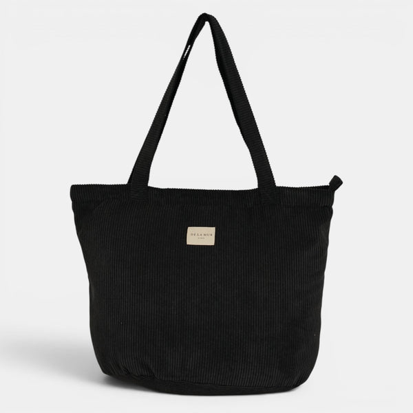 Bolsa grande con cremallera Nit, estampado en negro, blanco, beige, detalle del estampado y el material — De La Mur
