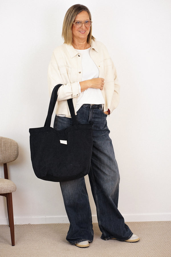 Bolsa grande con cremallera Nit, estampado en negro, blanco, beige, vista frontal — De La Mur