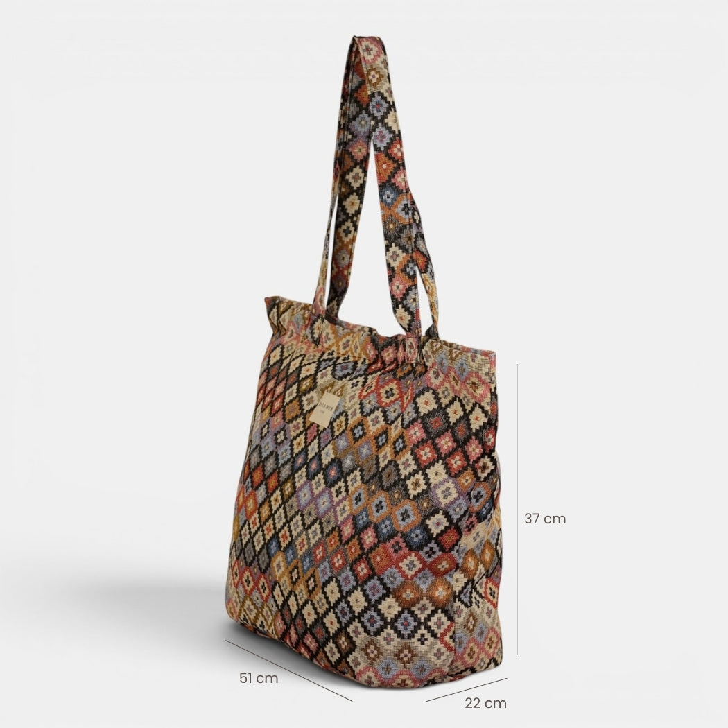 Bolsa grande con cremallera Ore, estampado en blanco, negro, azul, detalle del material y el acabado — De La Mur