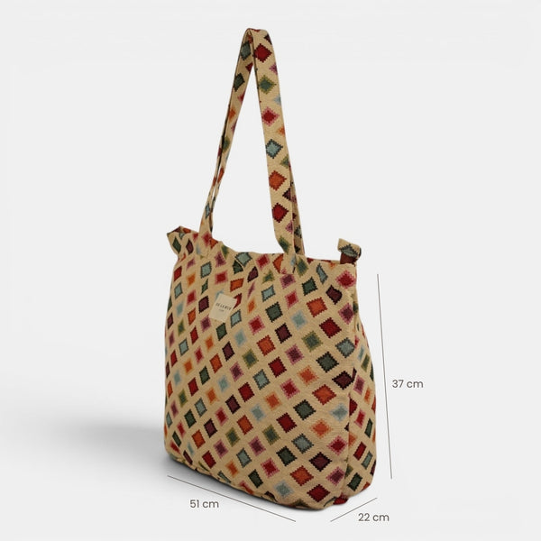 Bolsa grande con cremallera Zac, estampado en beige, azul, blanco, detalle del material y el acabado — De La Mur