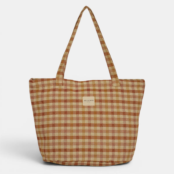 Bolsa grande con cremallera Zia, estampado en beige, marrón, rojo, detalle del estampado y el material — De La Mur