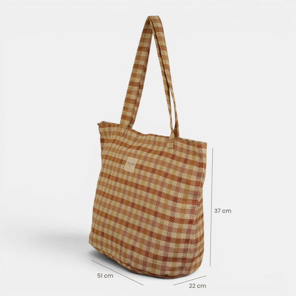 Bolsa grande con cremallera Zia, estampado en beige, marrón, rojo, detalle del material y el acabado — De La Mur