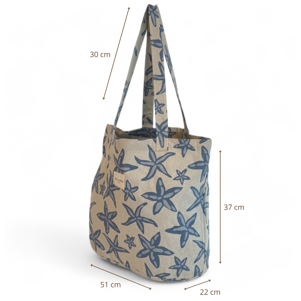 Bolsa grande Estel, estampado en gris, marrón, azul, vista con medidas — De La Mur