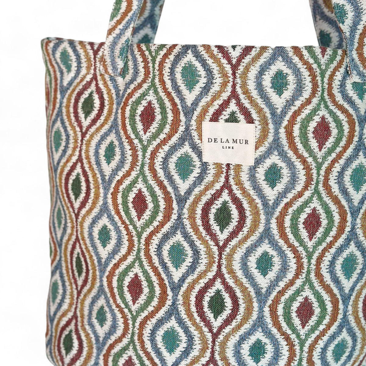 Bolsa grande Ori, estampado en blanco, marrón, beige, vista con medidas — De La Mur