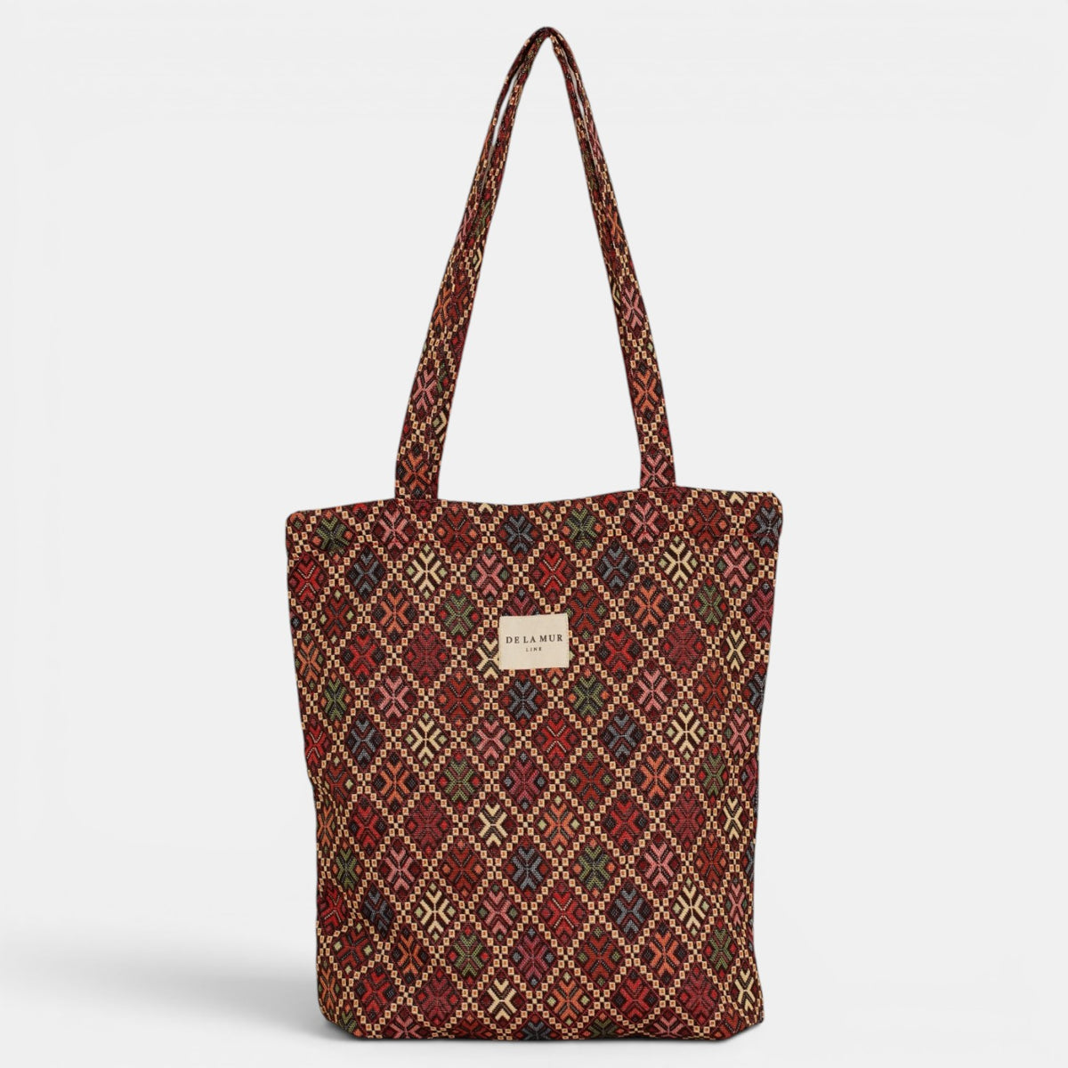 Bolsa pequeña Chic, estampado en azul, blanco, beige, detalle del estampado y el material — De La Mur