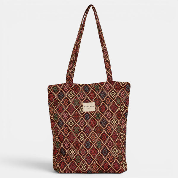 Bolsa pequeña Chic, estampado en azul, blanco, beige, detalle del estampado y el material — De La Mur