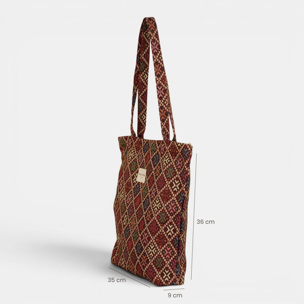 Bolsa pequeña Chic, estampado en azul, blanco, beige, detalle del material y el acabado — De La Mur