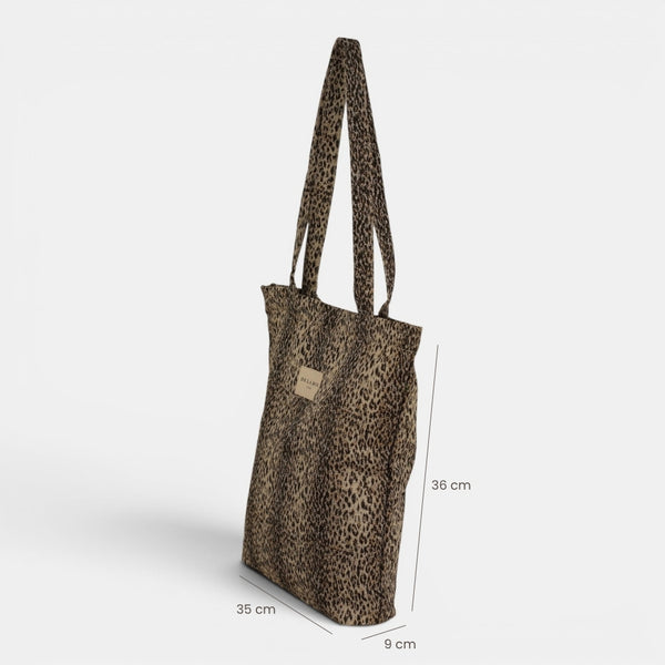 Bolsa pequeña Leo, estampado en marrón, blanco, beige, detalle del material y el acabado — De La Mur