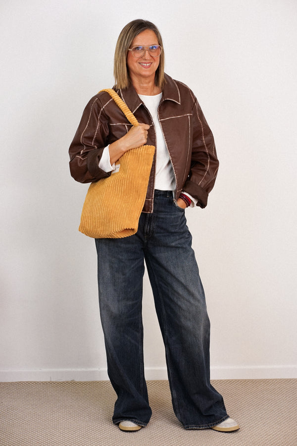 Bolsa pequeña Maiz, acabado amarillo maíz y beige, vista trasera — De La Mur
