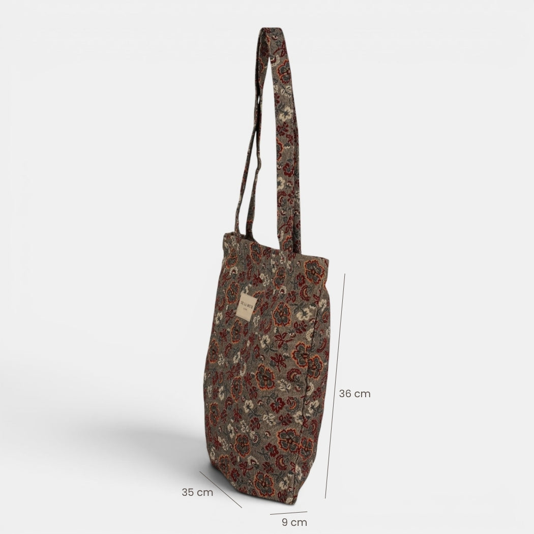 Bolsa pequeña Nira, estampado en azul, beige, blanco, detalle del material y el acabado — De La Mur