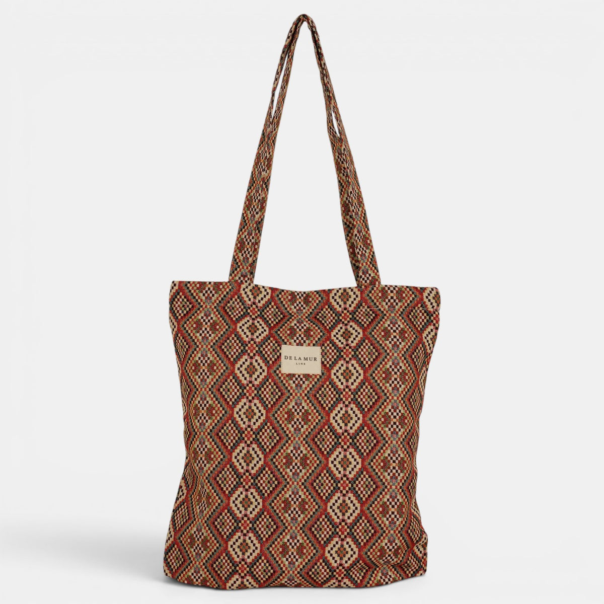 Bolsa pequeña Otto, estampado en negro, beige, gris, detalle del estampado y el material — De La Mur