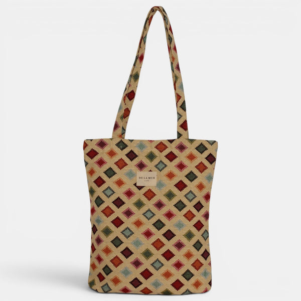 Bolsa pequeña Zac, estampado en beige, azul, terracota, detalle del estampado y el material — De La Mur