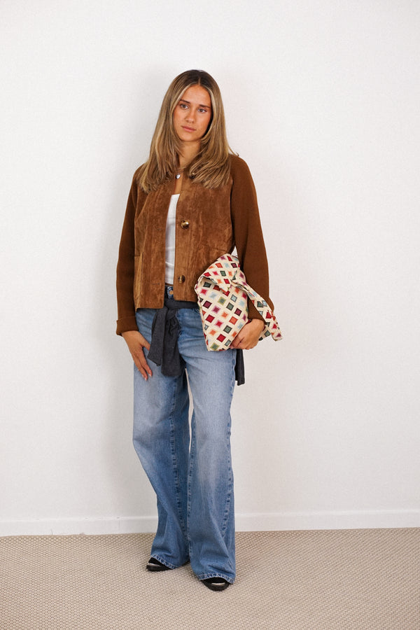 Bolsa pequeña Zac, estampado en beige, azul, terracota, vista frontal — De La Mur