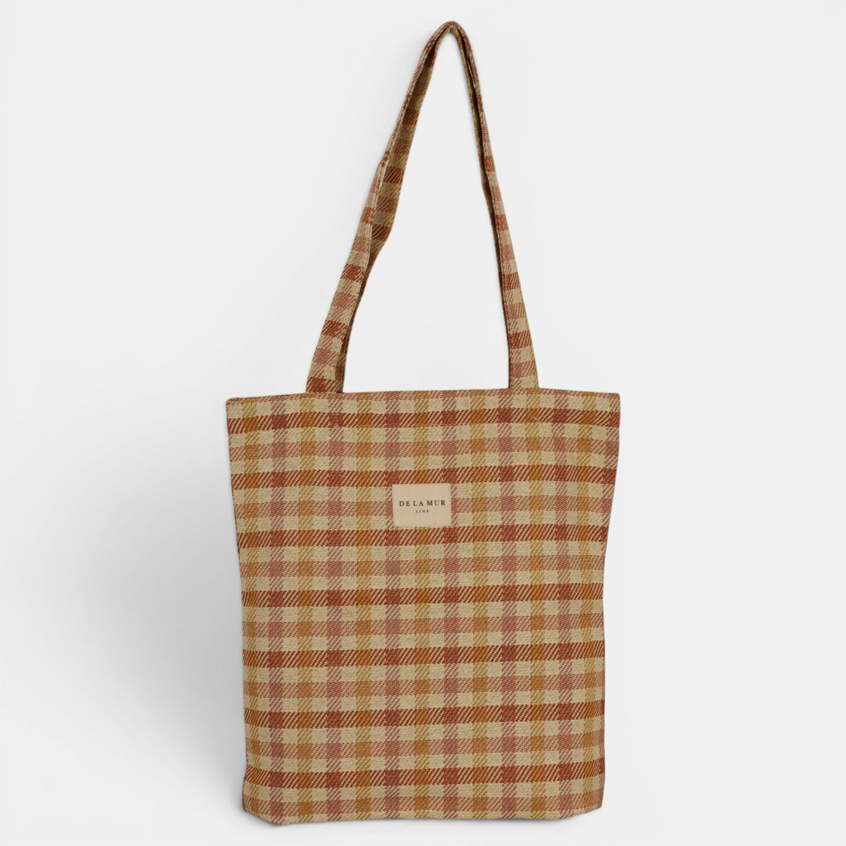 Bolsa pequeña Zia, estampado en beige, azul, blanco, detalle del estampado y el material — De La Mur