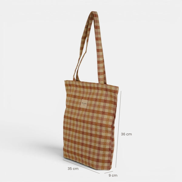 Bolsa pequeña Zia, estampado en beige, azul, blanco, detalle del material y el acabado — De La Mur