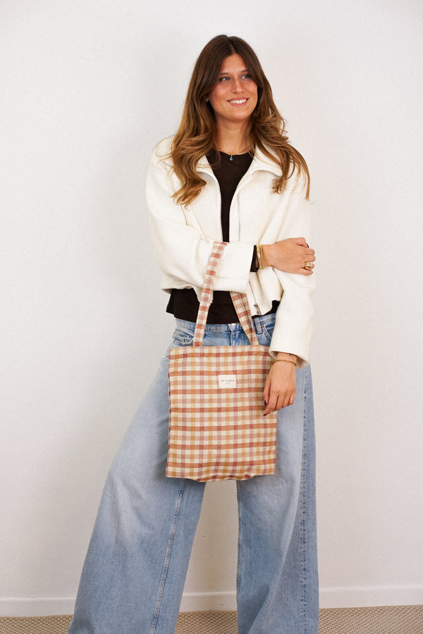 Bolsa pequeña Zia, estampado en beige, azul, blanco, vista frontal — De La Mur