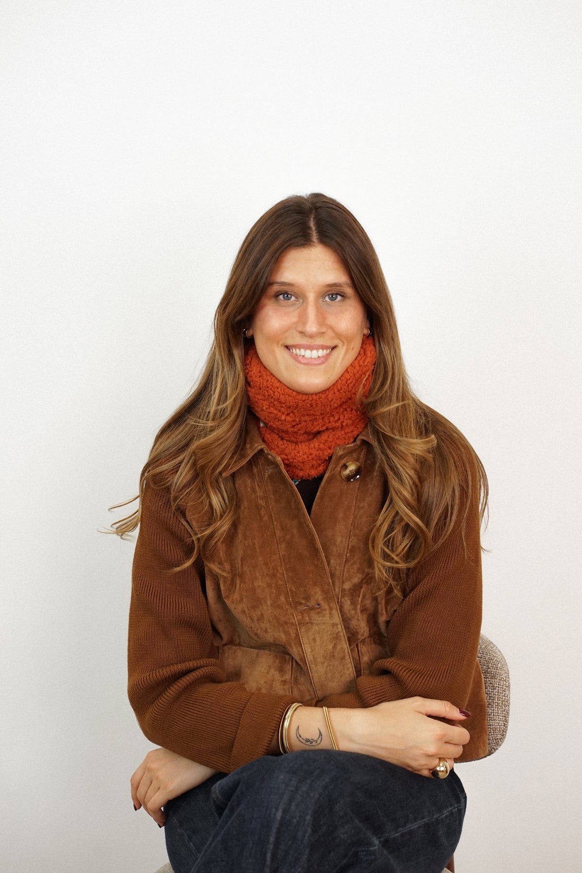 Producto Pingu, estampado en terracota, blanco, naranja, vista frontal — De La Mur