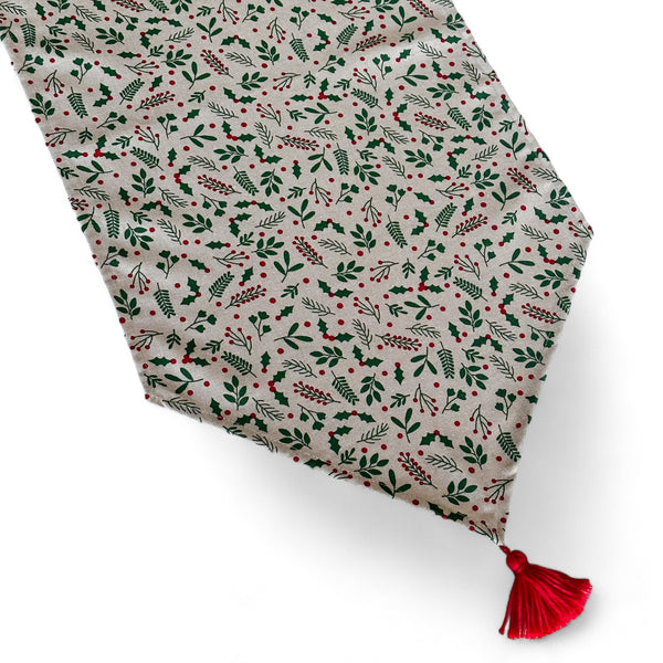 camino de mesa Boix, estampado en gris, verde, beige, vista frontal — De La Mur