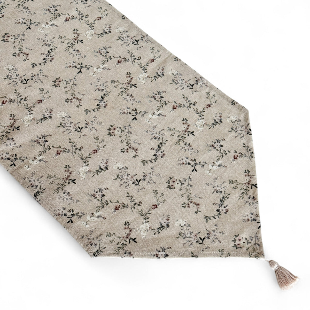 camino de mesa Oda, estampado en beige, blanco, gris, vista frontal — De La Mur