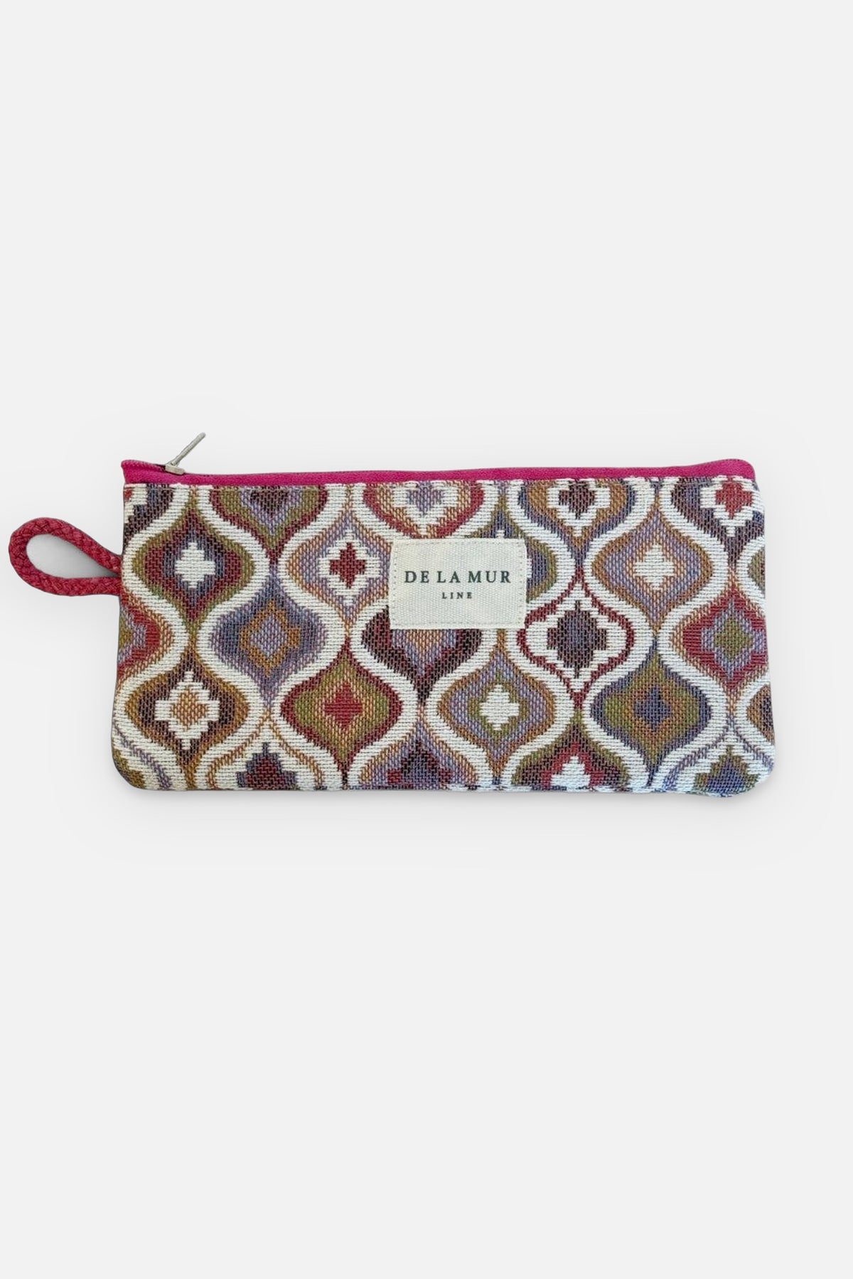 Onda coin purse, print in brown, red and grey, front view — De La Mur