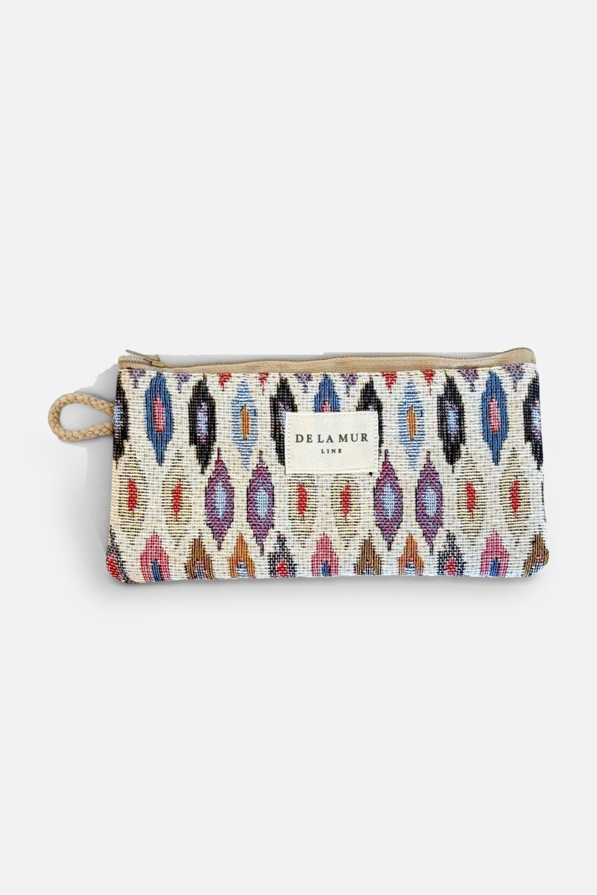 Urban coin purse, print in beige, blue and grey, front view — De La Mur